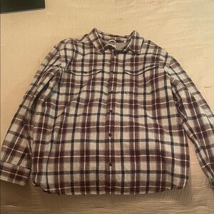 Prana Burgundy and White Plaid Casual Shirt